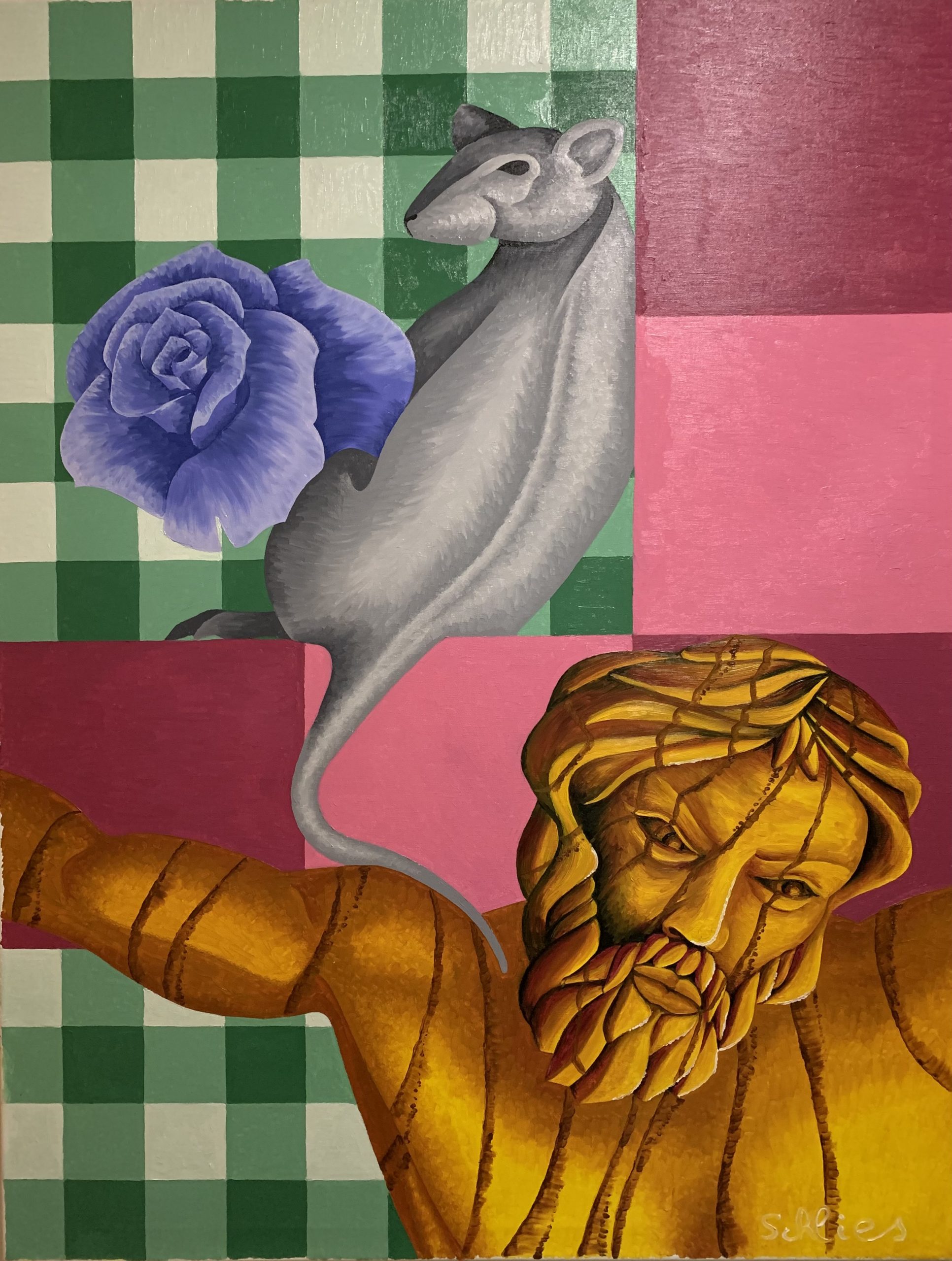 Christ et rat à la fleur bleue , christ and the blue flower's rat , peinture huile. Cabreraun